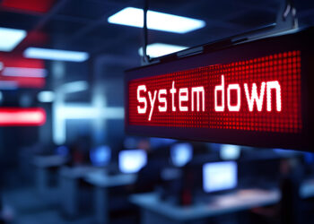 red system down sign, indicating it problem in office. employees working on computers, network failure, security alert, data outage