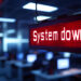 red system down sign, indicating it problem in office. employees working on computers, network failure, security alert, data outage