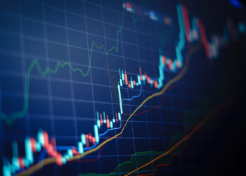 closeup financial chart with uptrend line candlestick graph in s