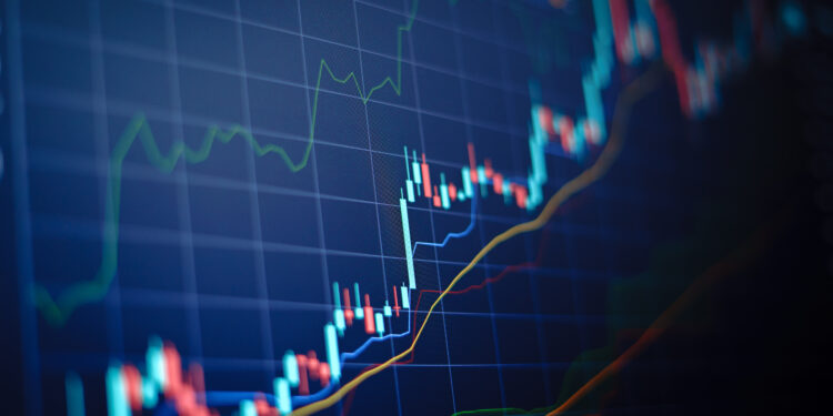 closeup financial chart with uptrend line candlestick graph in s