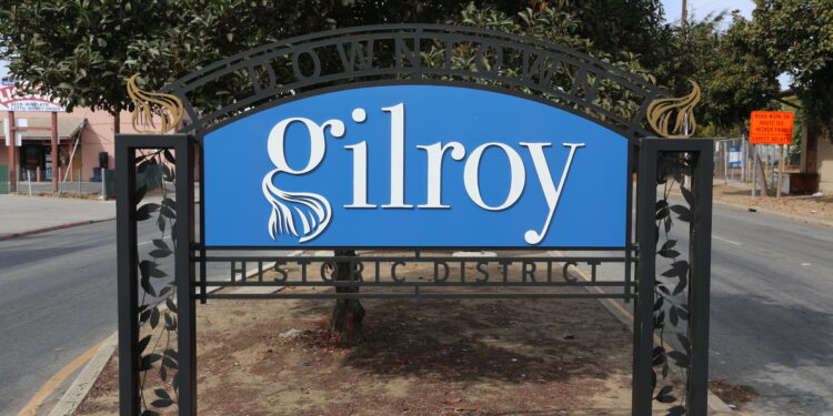 gilroy, ca, usa october 13, 2016: a sign in downtown gilroy, california. gilroy is a town known for garlic farming and a garlic festival.