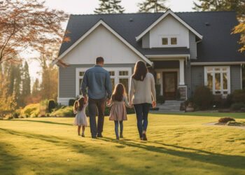rear view, young family looking at their new home standing, real estate purchase, generative ai
