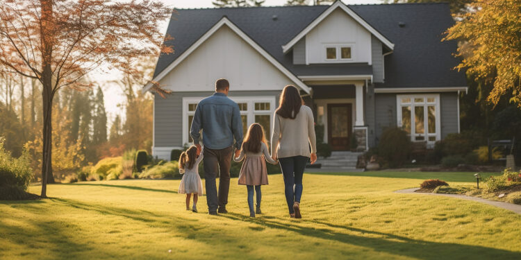 rear view, young family looking at their new home standing, real estate purchase, generative ai