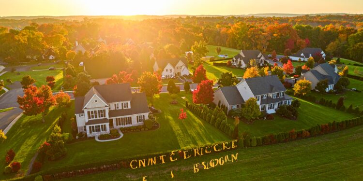 firefly a high end suburban connecticut neighborhood in autumn, showcasing elegant homes with 920602