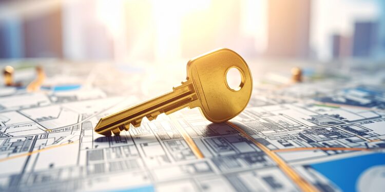 firefly a realistic photographic scene of a single, polished gold key lying on a detailed map 543222