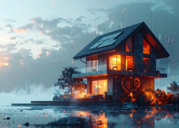 firefly a symbolic image showing a modern house transforming into digital code or gears, repr 550831