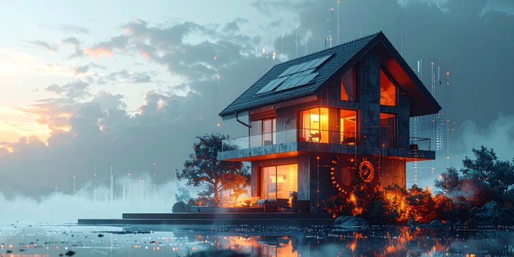 firefly a symbolic image showing a modern house transforming into digital code or gears, repr 550831