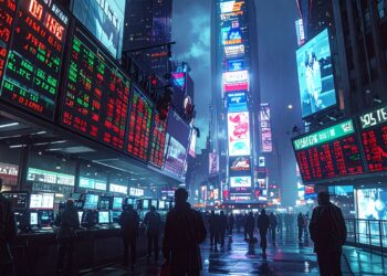 firefly a tense wall street trading floor as stock tickers flash red and green; traders watch 958616