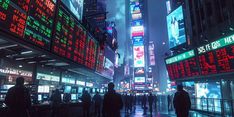 firefly a tense wall street trading floor as stock tickers flash red and green; traders watch 958616