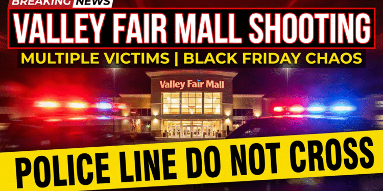 firefly gemini flash breaking news thumbnail of valley fair mall shooting. dramatic mall exterior at night 66172