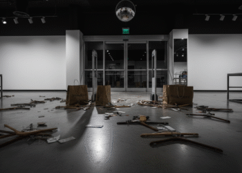 firefly gemini flash high realism retail store scene with empty hangers and clothing tags scattered on the 797237