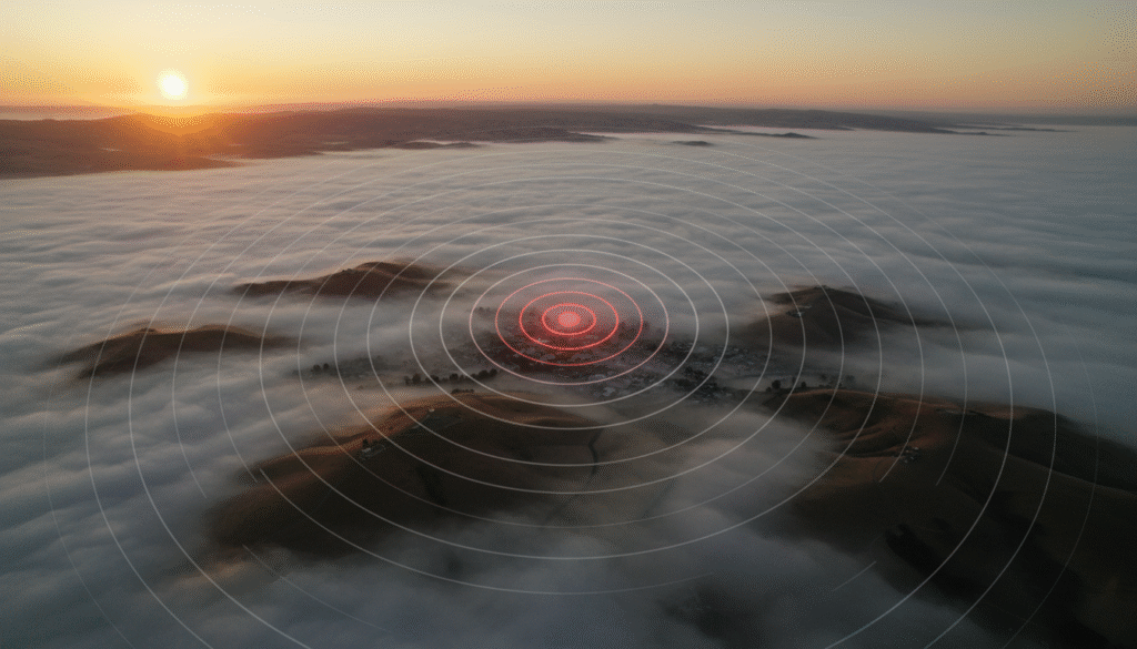 firefly gemini flash hyper realistic aerial view of gilroy and surrounding hills at sunrise, dramatic fog 797237