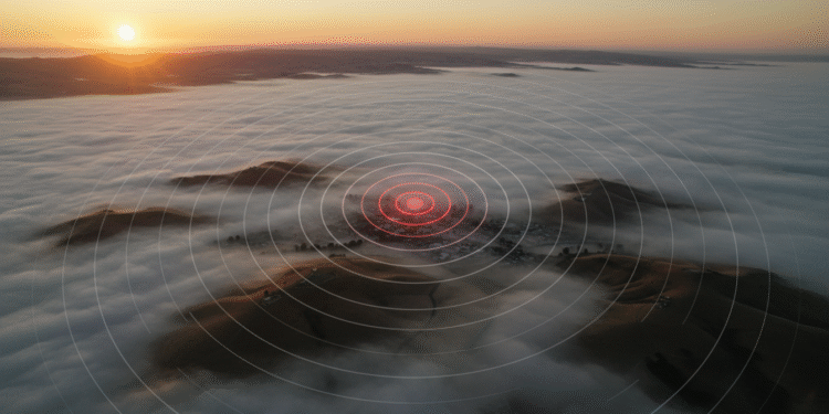 firefly gemini flash hyper realistic aerial view of gilroy and surrounding hills at sunrise, dramatic fog 797237