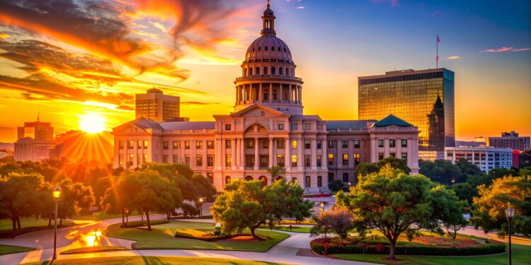 firefly magazine style cover image of the texas state capitol at sunset, dramatic lighting, b 293547