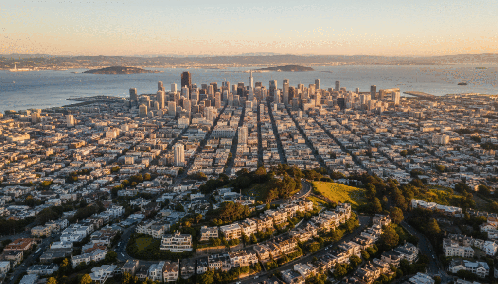 firefly a full screen, ultra wide cinematic aerial view of san francisco at golden hour. the 796106