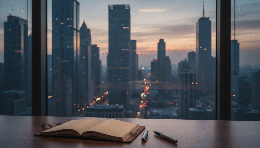 firefly a realistic editorial photograph of an office window overlooking an urban skyline at 722566