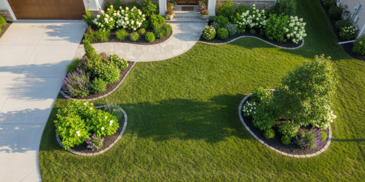 firefly aerial shot of a freshly landscaped home front yard, bright daylight, vivid greens, c 845269