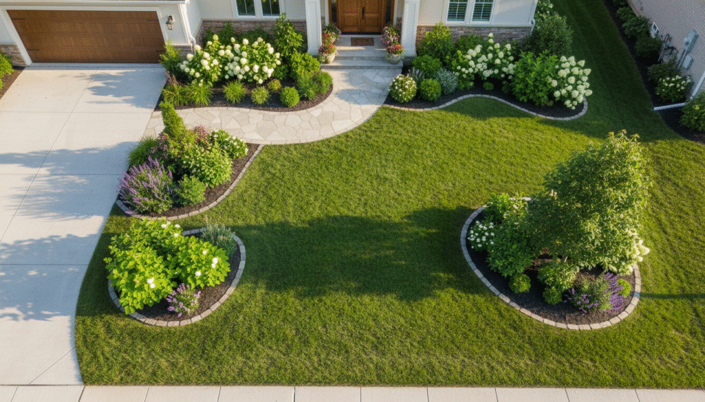 firefly aerial shot of a freshly landscaped home front yard, bright daylight, vivid greens, c 845269