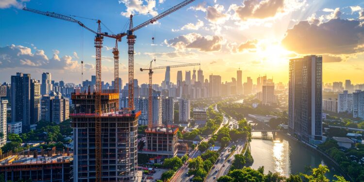 firefly city skyline with cranes and new construction, dramatic sky, crisp clarity, slightly 801272