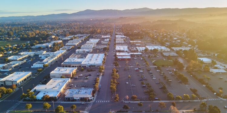 firefly clean aerial view of downtown gilroy commercial district, warm daylight, small city g 896600