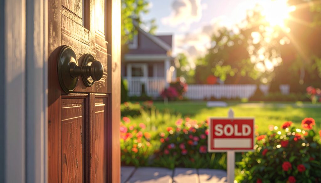 firefly close up of a front door with a sold sign in the yard, shallow depth of field, natura 867031