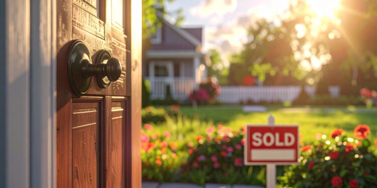 firefly close up of a front door with a sold sign in the yard, shallow depth of field, natura 867031