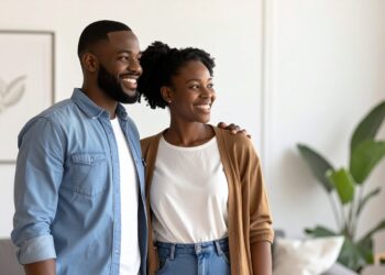 firefly couple looking at a home with a real estate agent, candid style, natural smiles, soft 867031