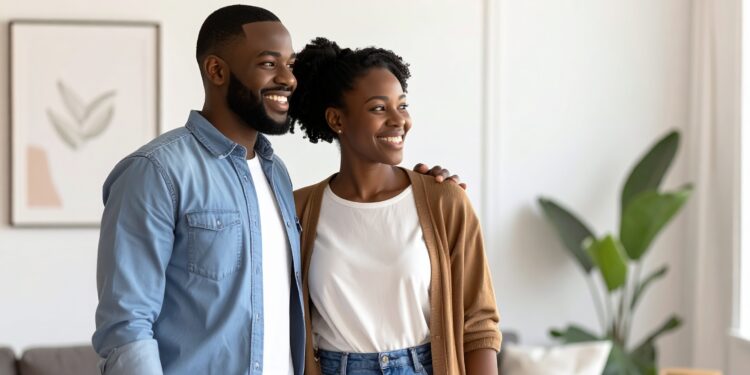 firefly couple looking at a home with a real estate agent, candid style, natural smiles, soft 867031