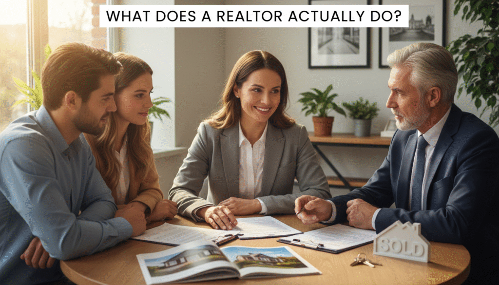 firefly create an eye level scene showing a realtor sitting at a table with a buyer and selle 139598