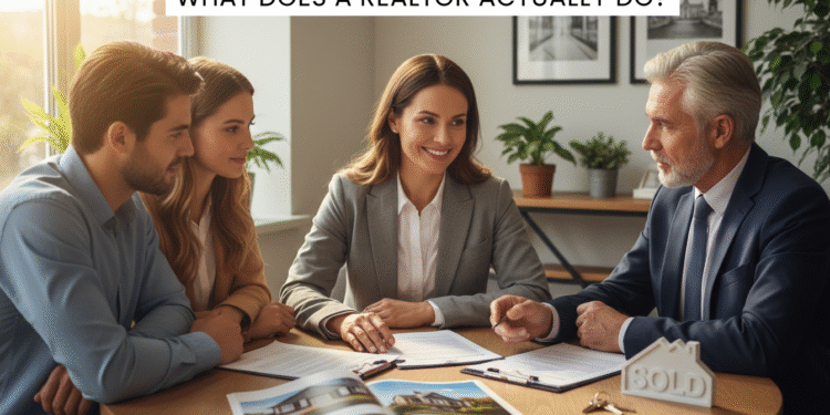 firefly create an eye level scene showing a realtor sitting at a table with a buyer and selle 139598