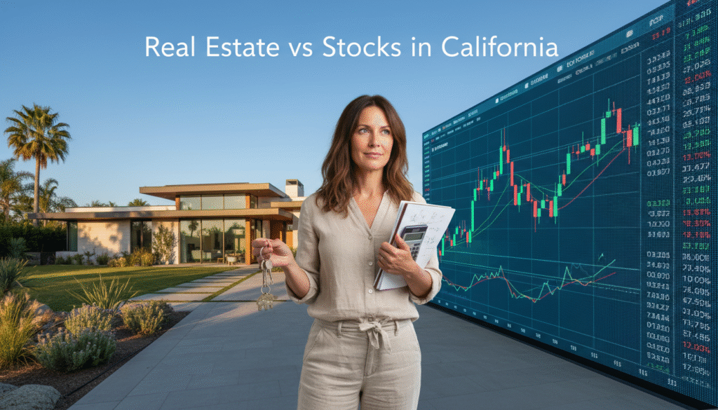 firefly create an eye level scene showing a person standing between a modern california home 139598