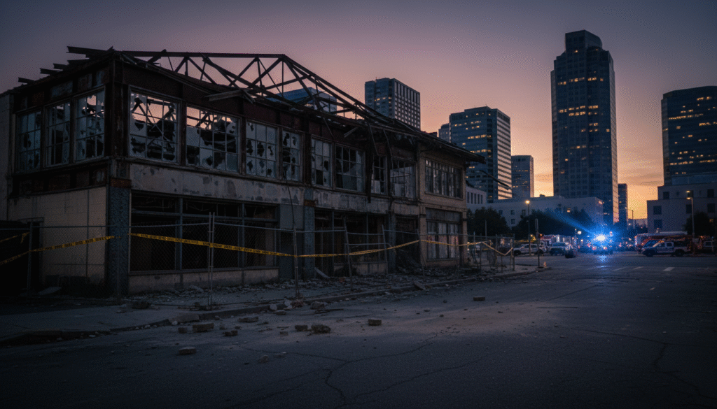 firefly gemini flash a blighted downtown commercial building in san jose at dusk with a partially collapse 392789
