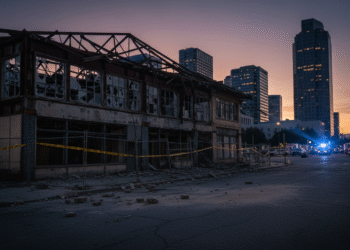 firefly gemini flash a blighted downtown commercial building in san jose at dusk with a partially collapse 392789
