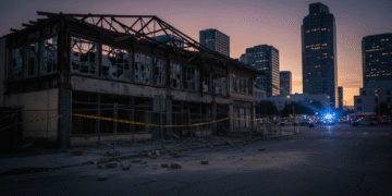 firefly gemini flash a blighted downtown commercial building in san jose at dusk with a partially collapse 392789