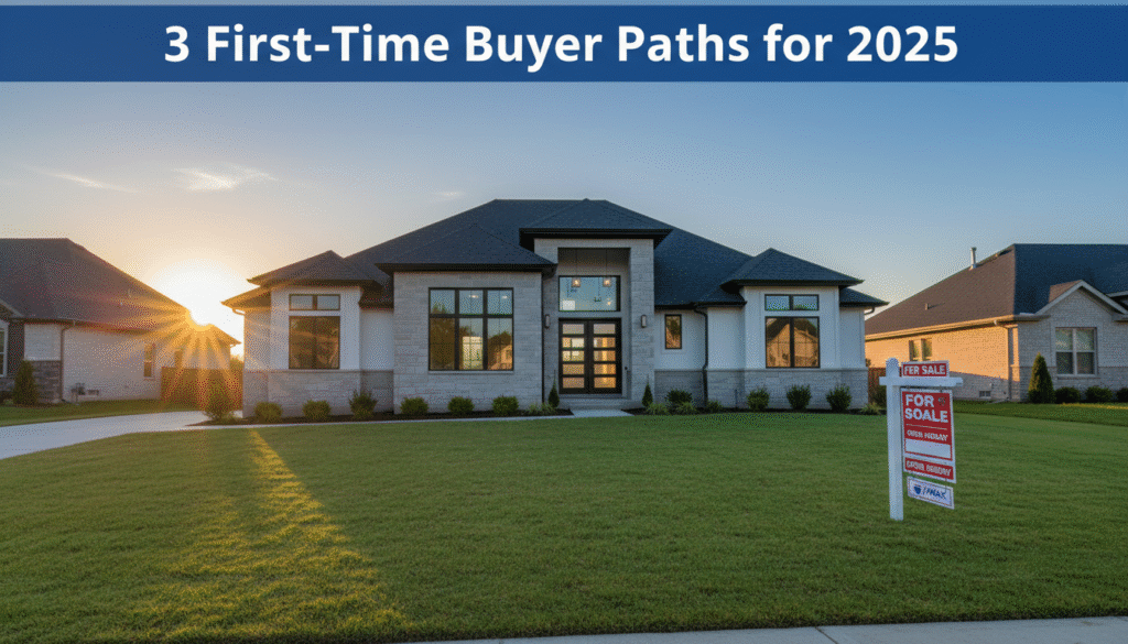 firefly gemini flash a bright, modern american suburban home at sunrise with a large “for sale” sign in th 728869