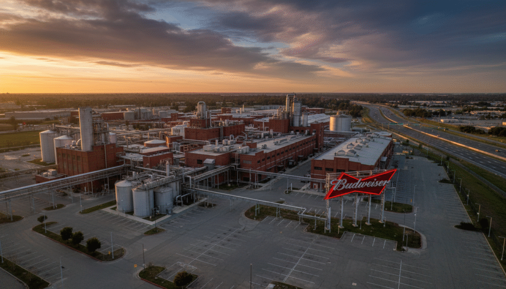 firefly gemini flash a cinematic ultra realistic aerial shot of a massive industrial brewery complex in fa 896600