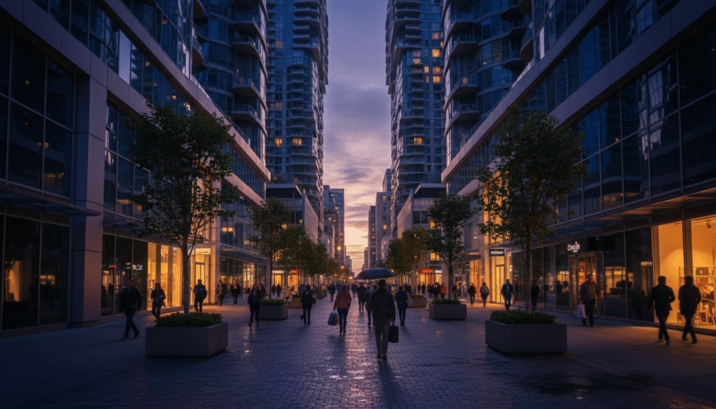 firefly gemini flash a dramatic street level perspective of a modern downtown san jose corridor at dusk. t 722566