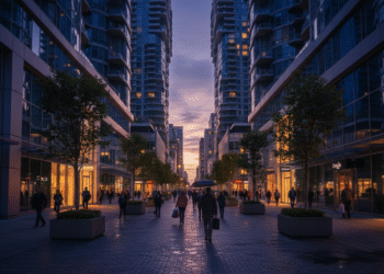 firefly gemini flash a dramatic street level perspective of a modern downtown san jose corridor at dusk. t 722566