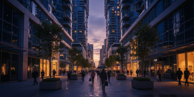 firefly gemini flash a dramatic street level perspective of a modern downtown san jose corridor at dusk. t 722566