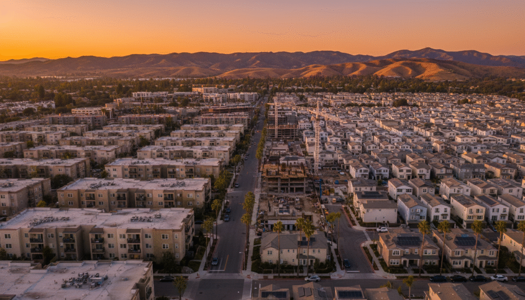firefly gemini flash a dramatic, ultra realistic aerial view of california housing at sunset, showing a sh 775402