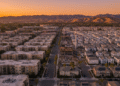 firefly gemini flash a dramatic, ultra realistic aerial view of california housing at sunset, showing a sh 775402
