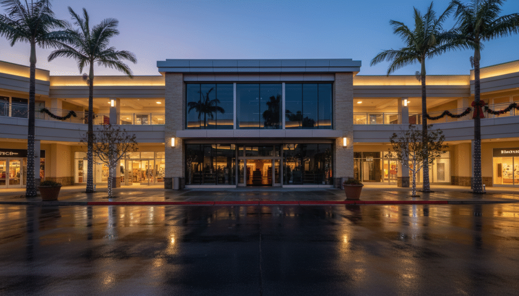 firefly gemini flash a modern bay area shopping mall exterior at dusk with one large retail storefront dar 392789