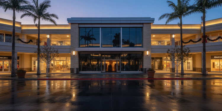 firefly gemini flash a modern bay area shopping mall exterior at dusk with one large retail storefront dar 392789