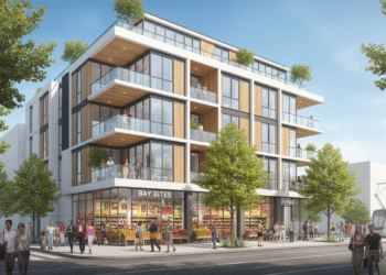 firefly gemini flash a vibrant, modern architectural illustration of a new 5 story mixed use building with 686324