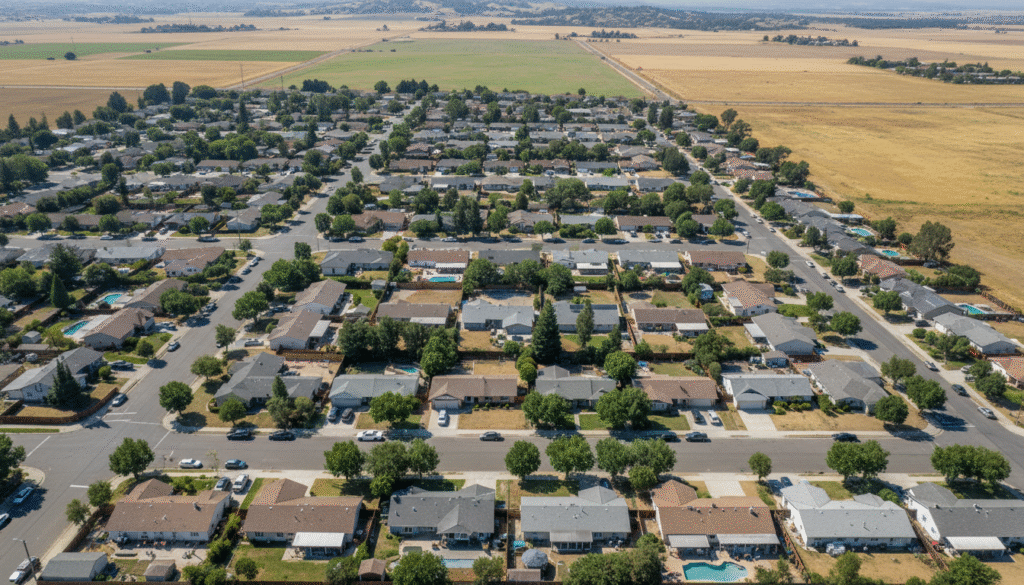 Hollister: A Hidden Market For First-Time Investors firefly gemini flash aerial shot of a hollister neighborhood with modest single family homes, wide streets 537013