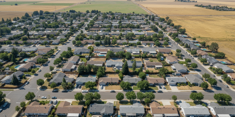 Hollister: A Hidden Market For First-Time Investors firefly gemini flash aerial shot of a hollister neighborhood with modest single family homes, wide streets 537013
