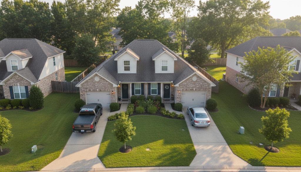 firefly gemini flash aerial three quarter view of a well kept duplex with two driveways and separate entra 537013