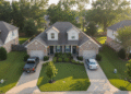 firefly gemini flash aerial three quarter view of a well kept duplex with two driveways and separate entra 537013