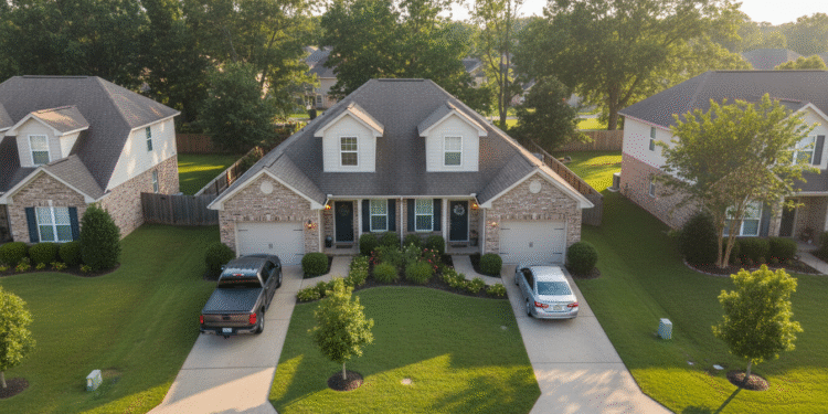 firefly gemini flash aerial three quarter view of a well kept duplex with two driveways and separate entra 537013