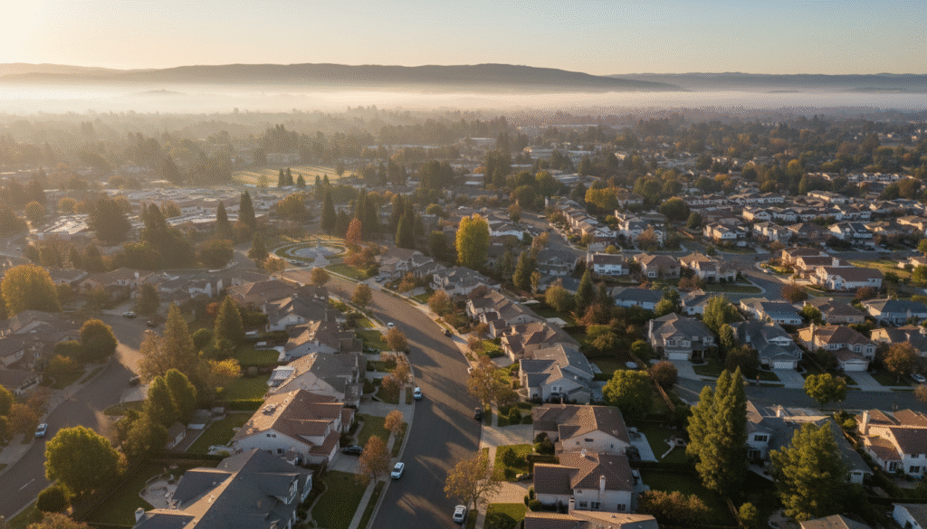 firefly gemini flash aerial view of gilroy neighborhoods at sunrise, gentle fog over hills, warm golden li 635560